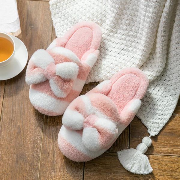 

winter house fur slippers women warm cotton shoes cute cartoon bowknot indoor bedroom non-slip ladies furry slides size 44, Black