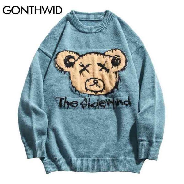 

gonthwid knitted bear jumpers sweaters streetwear men women hip hop harajuku casual pullover knitwear fashion knit outwear 210909, White;black