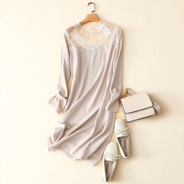 

casual dresses spring autumn lace crew neck long sleeve knit 100% cashmere dress for women, Black;gray