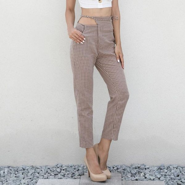 

women's pants & capris khaki lace up hollow out plaid women office lady high waist pocket zipper trousers 2021 autumn plus size casual, Black;white