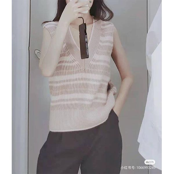 

women's vests women 2021 summer pink striped sleeveless v-neck outer wear loose knit base top, Black;white