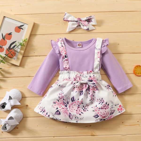 

clothing sets 2021 spring children's toddler infant baby girls ruffle suspender skirt princess dress romper headband outfits, White