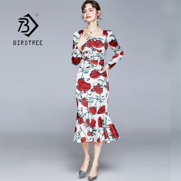 

spring women square collar satin bodycon long sleeve rose flower printed workwear ruched mermaid party midi dresses d12101x 210419, Black;gray