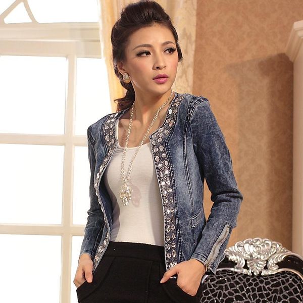 

fashion women diamonds denim jacket coat ladies stretch slim jeans plus size chaqueta mujer s-4xl women's jackets, Black;brown