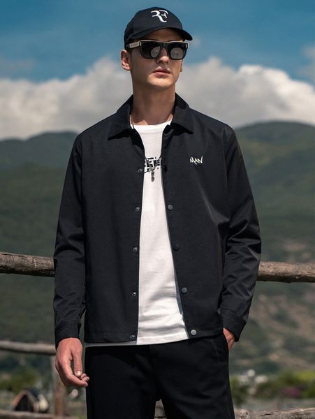 

men letter embroidery button front jacket b5pu#, Black;brown