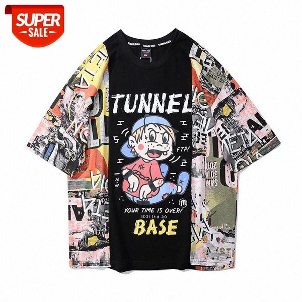 

hong kong style high street color matching printed t-shirt oversize loose newspaper collage printing short-sleeved tee male #ps25, White;black
