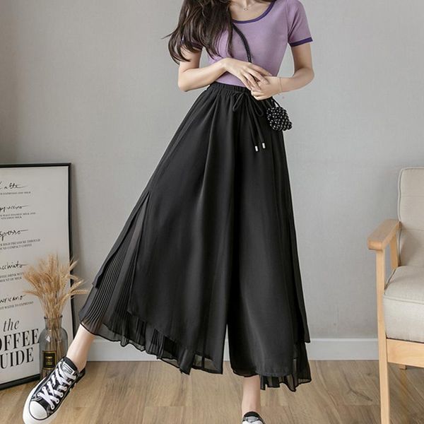 

women's pants & capris summer style pleated chiffon wide leg fashion slim high waist drape elegant ankle-length skirt trousers, Black;white