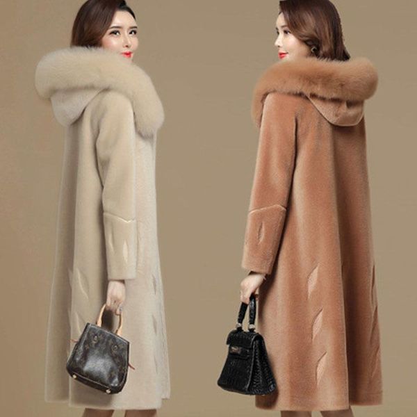 

women's fur & faux fashion sheep shearing and in one coat women 2021 warm hooded outwear winter mink collar coats, Black