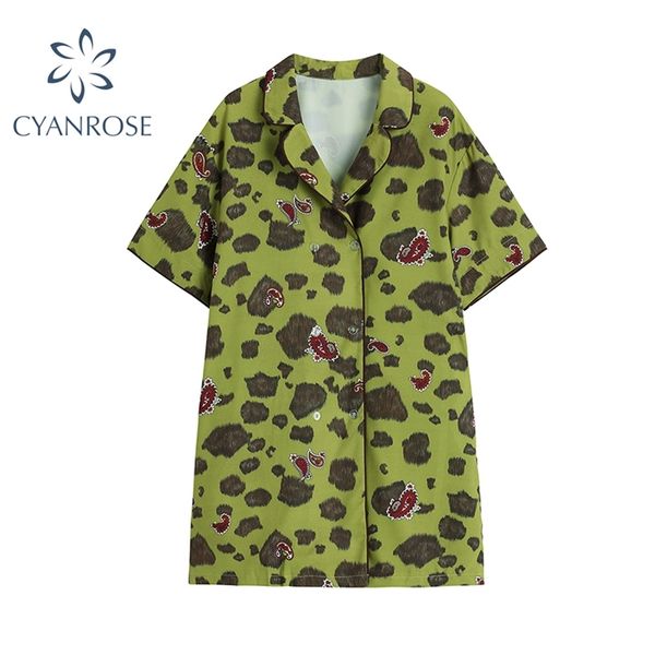 

women's vintage fashion streetwear short sleeves button shirt mini dress summer loose retro print casual lady dresses 210430, Black;gray