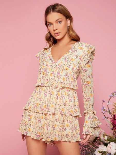 

floral print ruffle hem v-neck romper i16c#, White