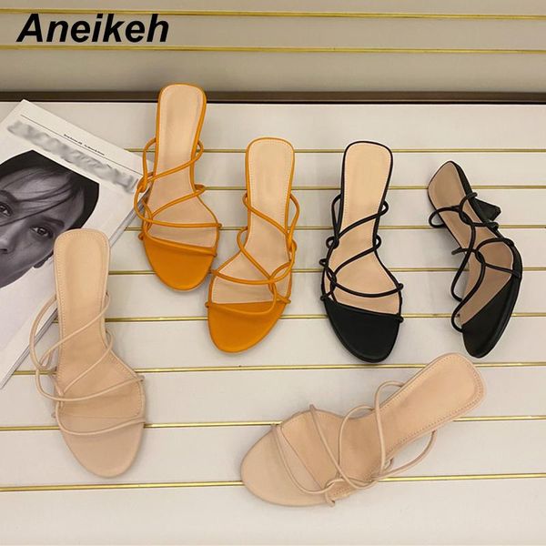 

aneikeh women's shoes fashion classics sweet narrow band pu solid stiletto heels slippers retro zapatos de mujer 2021 summer, Black