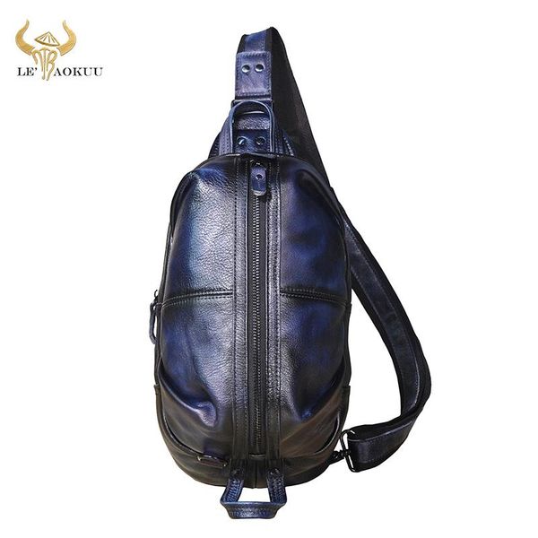 

luxury real leather men fashion blue travel triangle chest sling bag design 8" tablet one shoulder strap daypack male 1186 waist bags