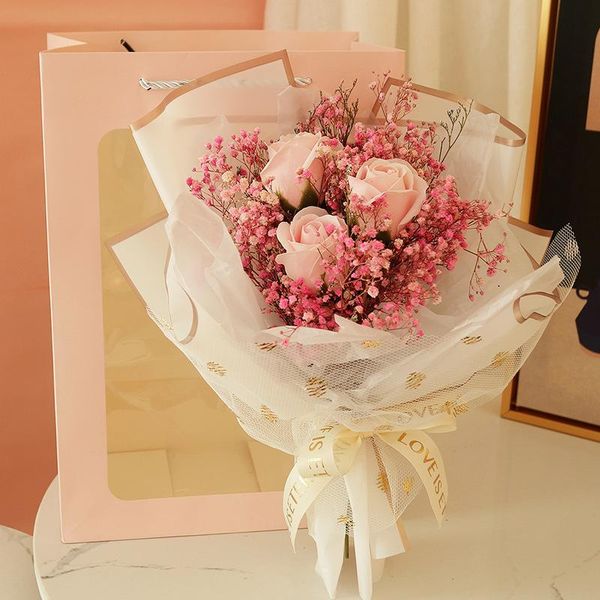 

gift wrap gypsophila dry flower bouquet with light soap box for girlfriend valentine's day birthday