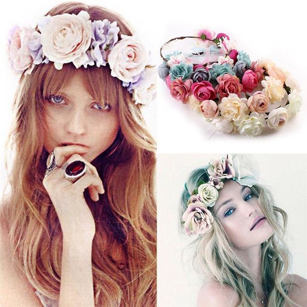 

2021 new fashion wedding garland floral hairband accessories bohemia flower headband hair band for girls women beach travel headwear, White