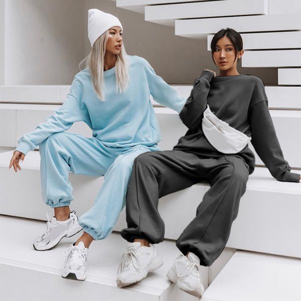 

women's two piece pants sets solid color long-sleeved long sports casual suit with pockets jogging tracksuit outfits femme clothing, White