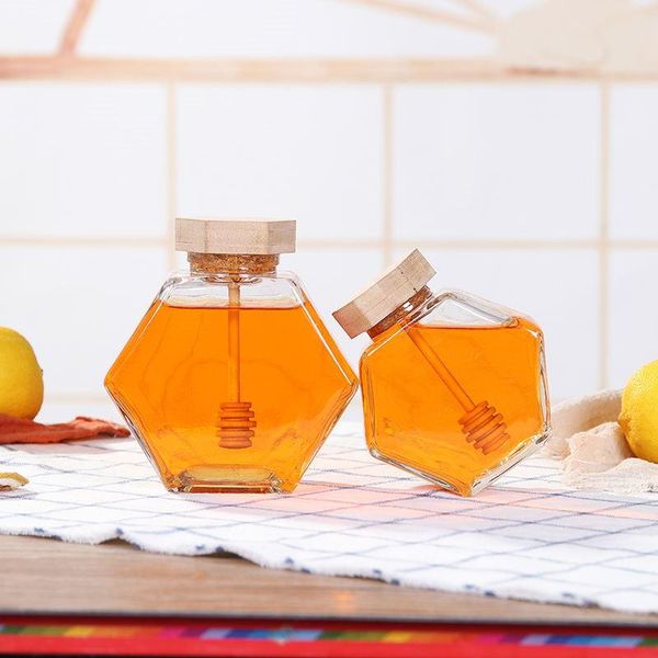

220ml/380ml transparent glass hexagon honey jar mini small sealed storage bottle with wooden stick spoon kitchen tools bottles & jars
