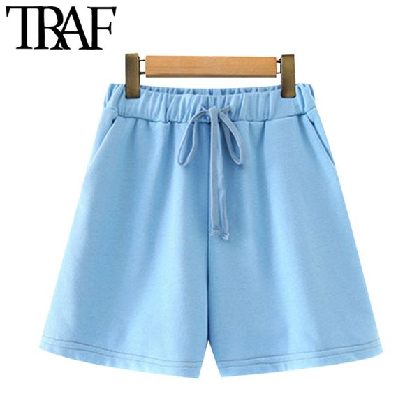 

traf women chic fashion with drawstring straight shorts vintage high elastic waist pockets female short pants mujer 210415, White;black