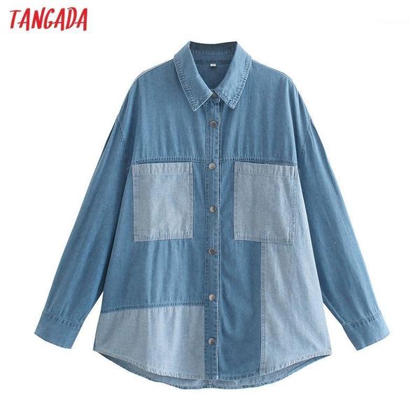 

women's jackets tangada women patchwork denim jacket coat turn down collar ladies long sleeve loose oversize boy friend qj74, Black;brown