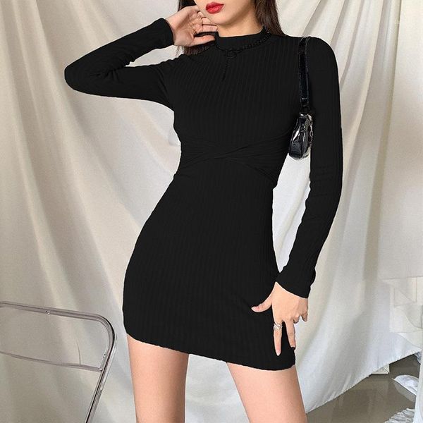 

casual dresses fashion 2021 winter women long sleeve half-high collar mini dress knitted backless hollow out bodycon little black, Black;gray