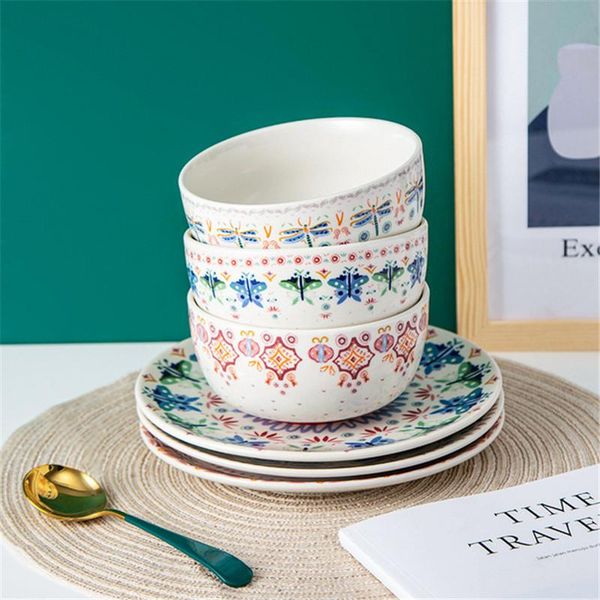 

dishes & plates european ceramic bohemian flower dinner plate porcelain rice soup noodle bowl round dessert steak fruit tableware