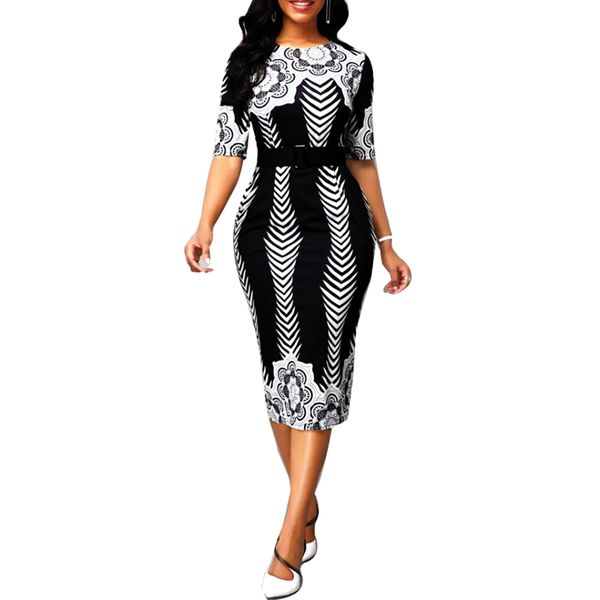 

summer dress women 2021 casual plus size slim office pencil bodycon dresses vintage floral print long party dress with belt, Black;gray