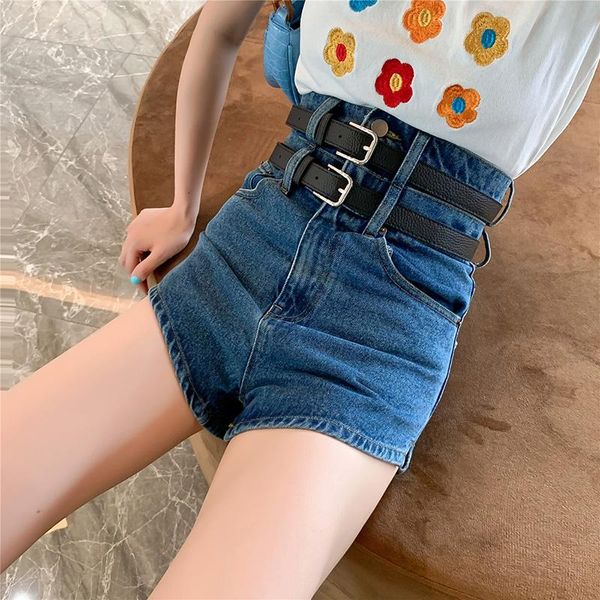 

women's jeans high waist summer double belt ultra wide leg slim denim all-match shorts women, Blue