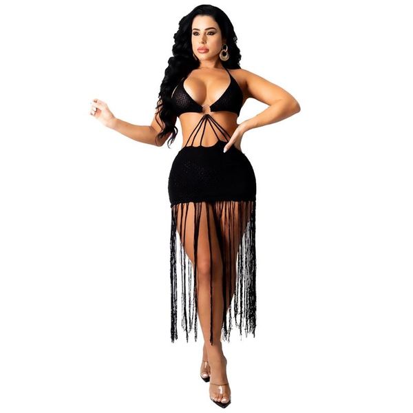 

women's swimwear summer dress knitte tube beach tassel crochet swimsuit cover up vestidos female bathing suit wholesale items, White;black