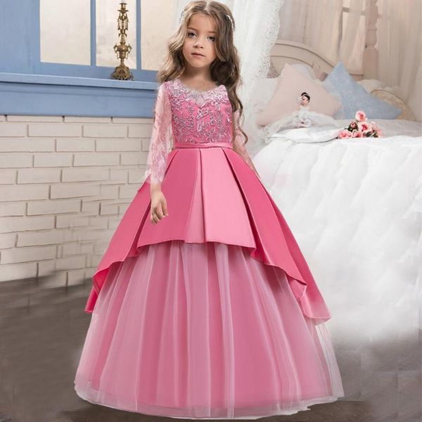 

girl's dresses kids girls wedding flower long sleeve dress elegant princess party formal tulle lace costume for 4- 14 years, Red;yellow