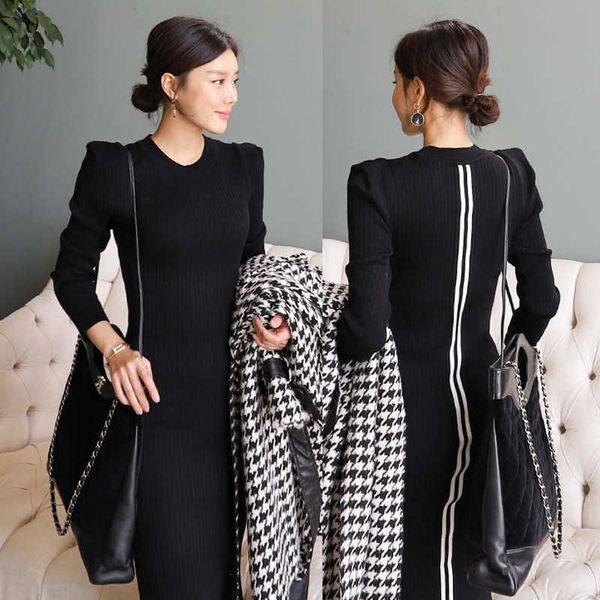 

autumn winter knitted dress women casual sheath bodycon pencil dresses ol office bottoming vestidos 210529, Black;gray
