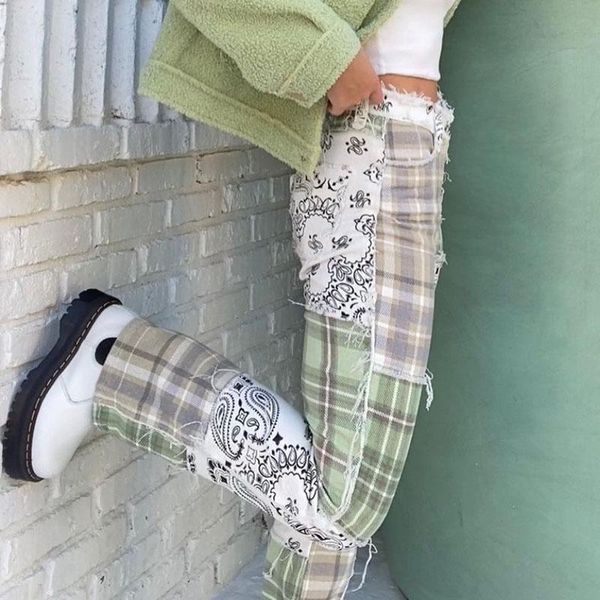 

women's jeans waatfaak streetwear e-girl patchwork women cargo green pants mom y2k baggy graphic checkerboard 90s jean denim, Blue