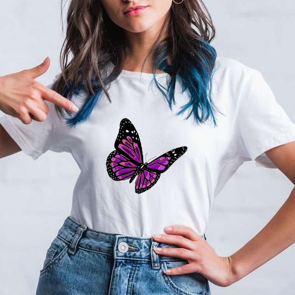 

streetwear woman tshirt loose elegant versatile trendy round neck tee shirts watercolor butterfly printed hip hop women's t-shirt, White