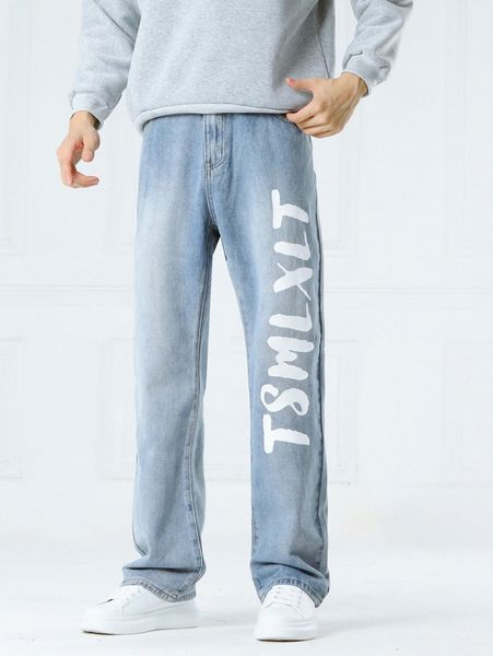 

men letter graphic straight leg jeans 83bb#, Blue