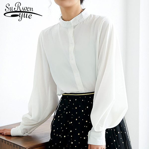 

summer vintage solid stand collar women blouses casual long sleeve cardigan chiffon women's blouse camisas mujer 5262 50 210508, White