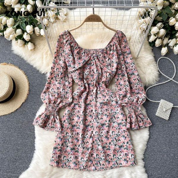 

casual dresses 2021 autumn puff sleeve dress retro elegant women's printed button collect waist japan style mini, Black;gray