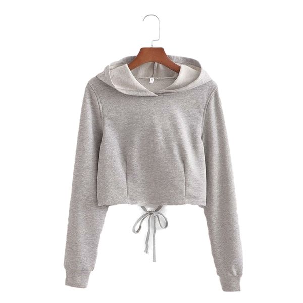 Casual mulher Cinza Algodão Backless Curto Hoodies Moldura Moda Senhoras Macio Moletom Pullover Grils Básico Suéter Básico 210515