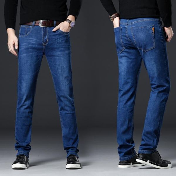 

men's jeans male youth middle-aged business classic navy blue straight pants slim long stretch