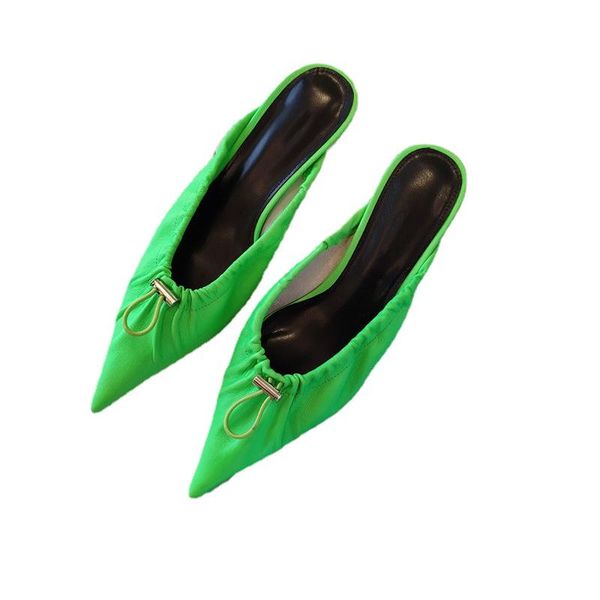 

slippers pointed half wrap toe kitten heel woman green rose red shallow mouth leather mules summer party shoes mujer, Black