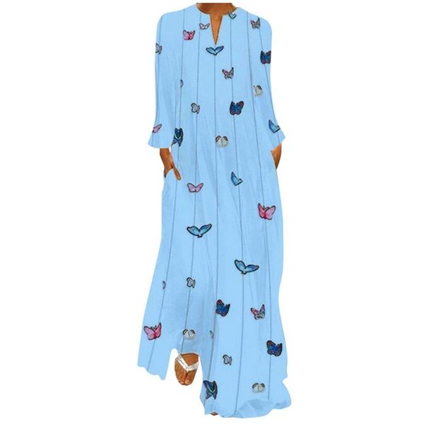 

casual dresses women's autumn print long sleeve pocket loose dress 2021 retro plus size floral maxi v-neck female, Black;gray