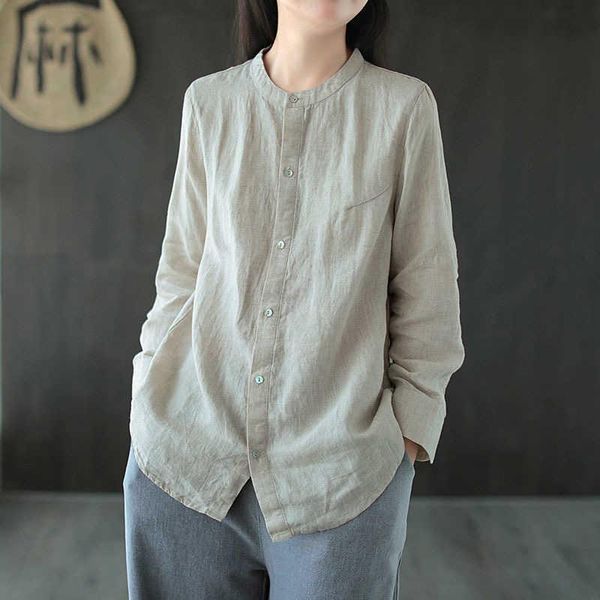 

women's blouses & shirts literature and art standing collar long sleeve cotton linen shirt spring loose size casual zen pure color, White