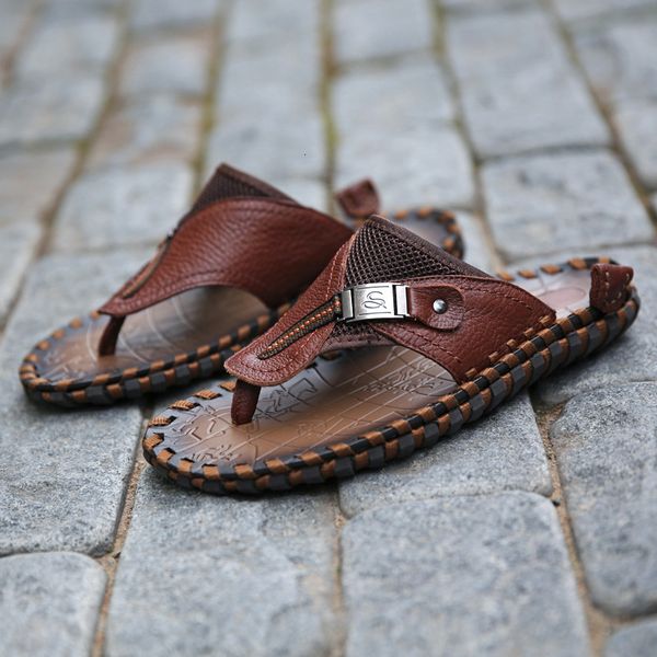 

slippers summer style men flip flops full-grain leather fashion shoes genuine 4ext, Black