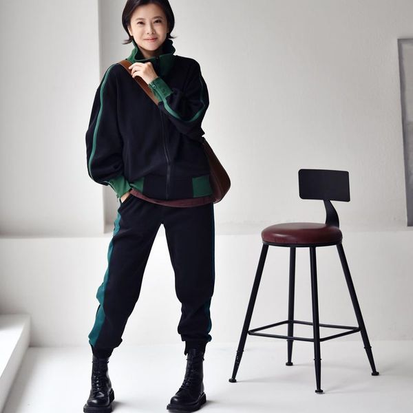 

women's hoodies & sweatshirts micoco u9356c korean version fashionable and neutral zipper design loose matching color casual sports hoo, Black