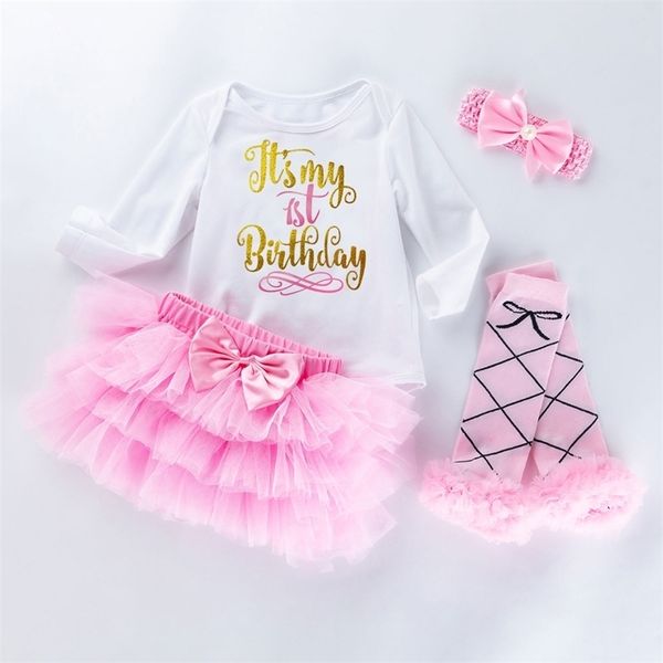 

birthday gifts baby girl clothing set born cotton bodysuits+tutu skirt+leg warmers+headband 4pcs/sets infant party clothes 220118, White
