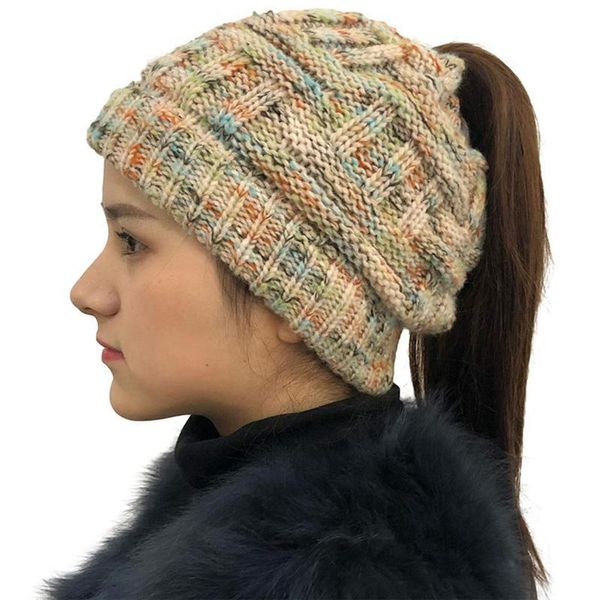 

1pc woolen cap knitting wool hat warm ponytail for woman lady girl outdoor hats, Black;white