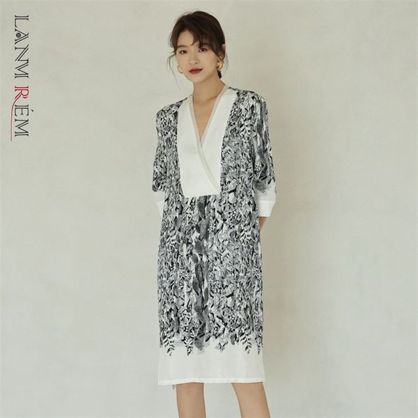 

summer loose v collar vintage printting dresses famale high street loose all-match clothes vestidos pf674 210526, Black;gray