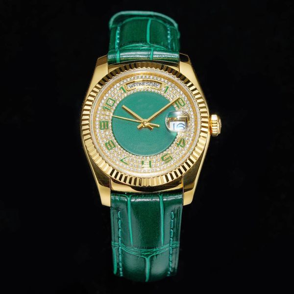 

tr 36mm men's watch eta2836 automatic mechanical movement green enamel imported diamond-inset dials diamond watches 118138 orologio di, Slivery;brown