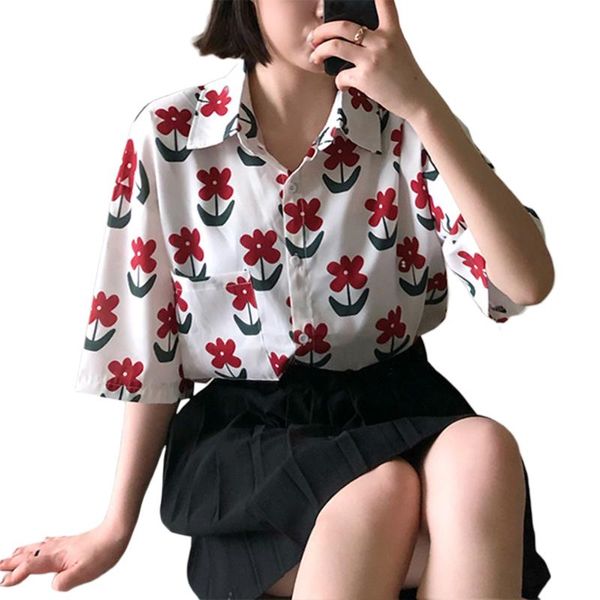 

flower print blouse women kong-style single breasted half sleeve female shirts loose casual ladies women's blouses &, White