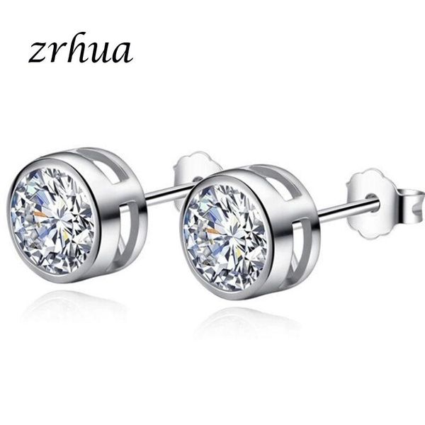

stud zrhua 925 sterling sliver fashion jewelry 7mm round cubic zirconia clear earrings for women girls simple brincos wholesale, Golden;silver