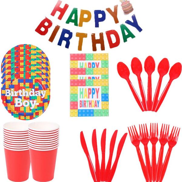 Stoviglie usa e getta Colorful Building Block Tema Decorazioni per feste di compleanno Set Banner felice Palloncini in lattice Ghirlanda di nappe Mattoni per bambini