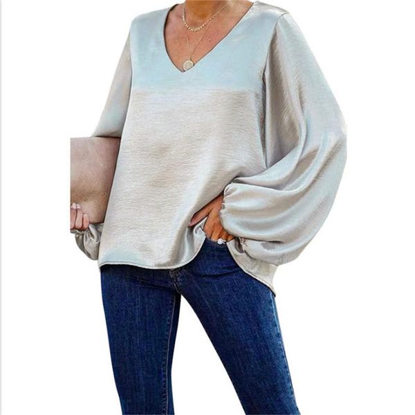 

women's t-shirt autumn women long sleeve loose t-shirts lantern cotton casual v-neck solid color streetwear elegant pullover, White