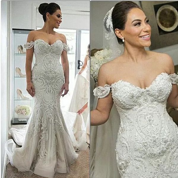 Erstaunliche neue Dubai-Spitze-Meerjungfrau-Kleider, arabisch, schulterfrei, herzförmig, in voller Länge, rückenfrei, Steven Khalil, formelle Brautkleider 328 328